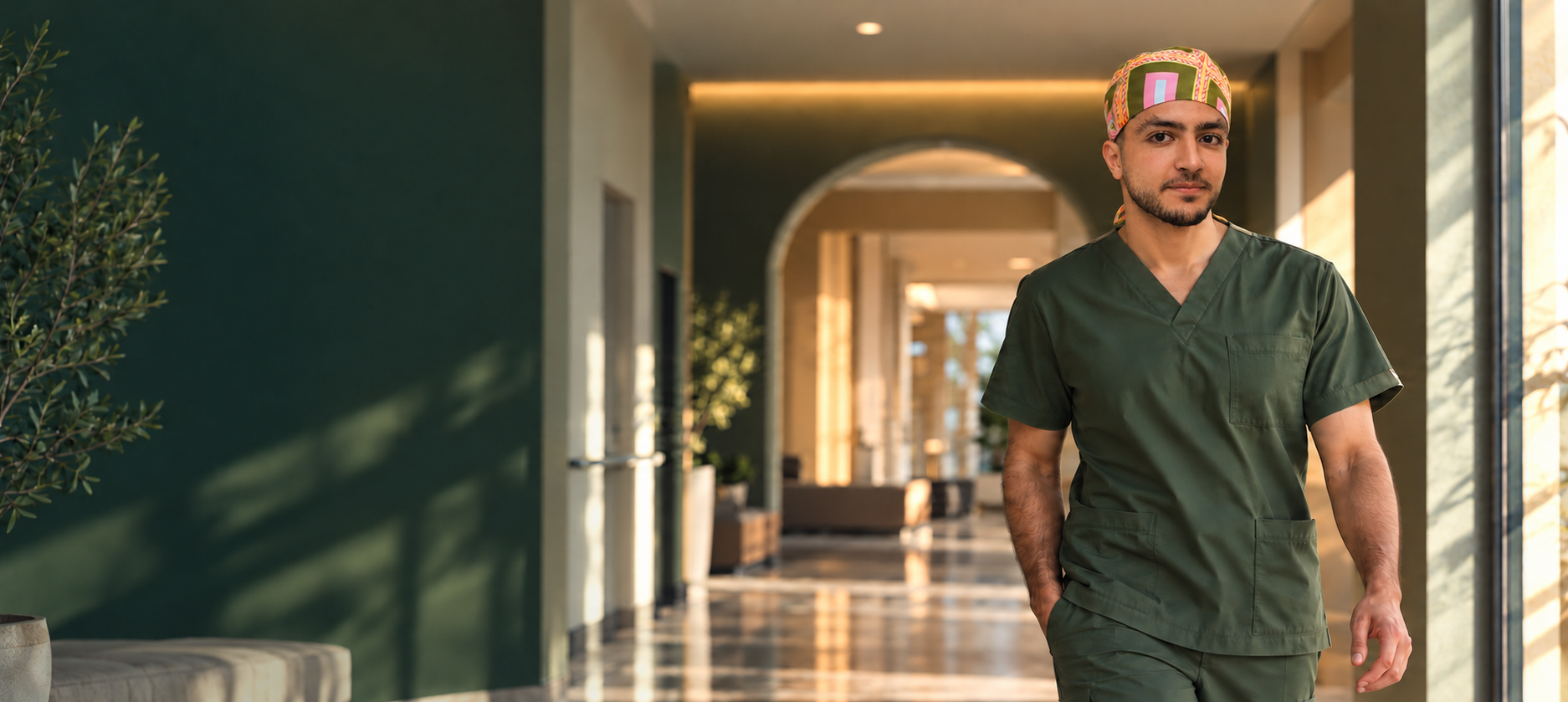 Professionnel de santé portant une calot SSCaps dans une clinique lumineuse